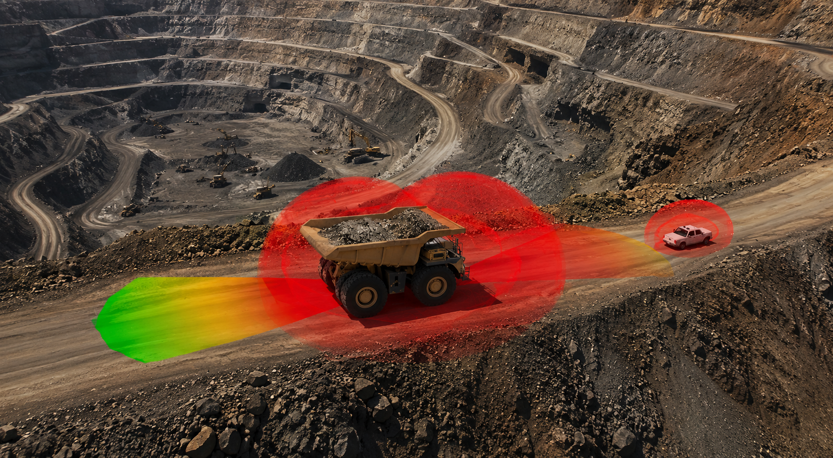 LiDAR collision avoidance system visualization on haul truck in open pit mine